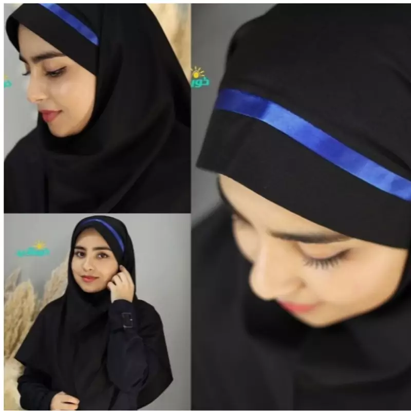 مقنعه مشکی نخی بروجرد با تل آبی کاربنب قد90
