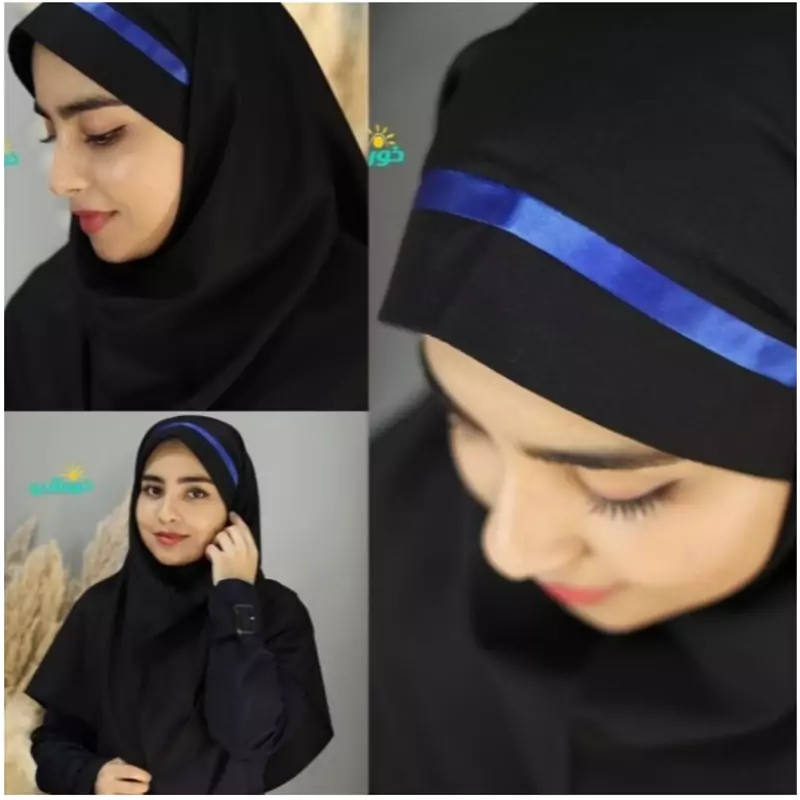 مقنعه تل دار 100 بروجردنخی مشکی با تل ابی کاربنی